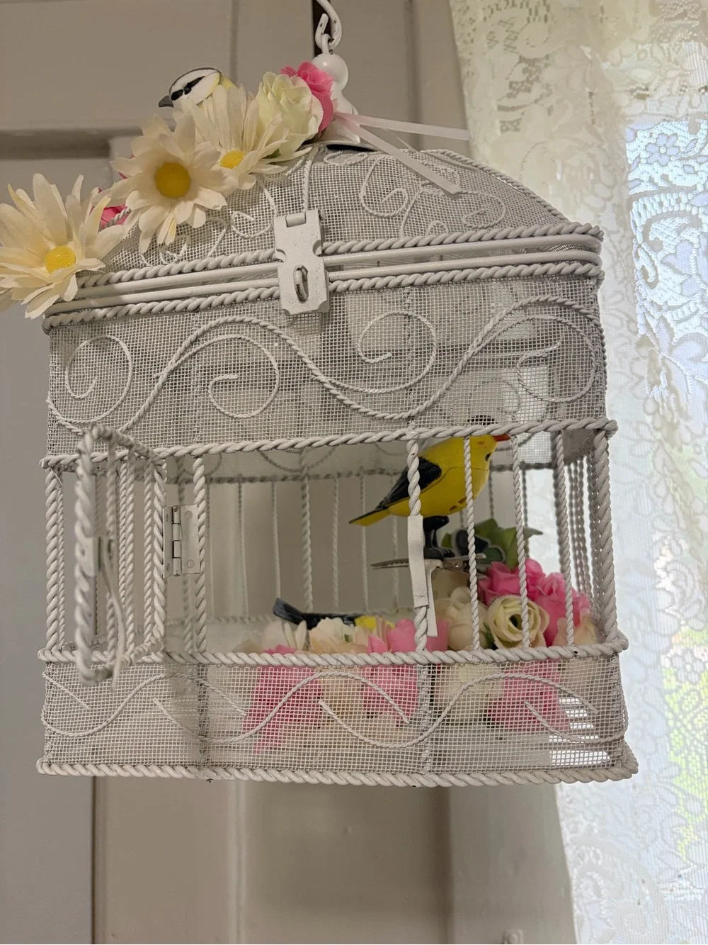 White Decorative Birdcage Accent with Floral and Yellow Bird